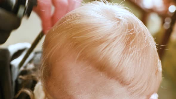 Barber Makes the First Haircut for a Oneyearold Child in a Modern Barbershop alt