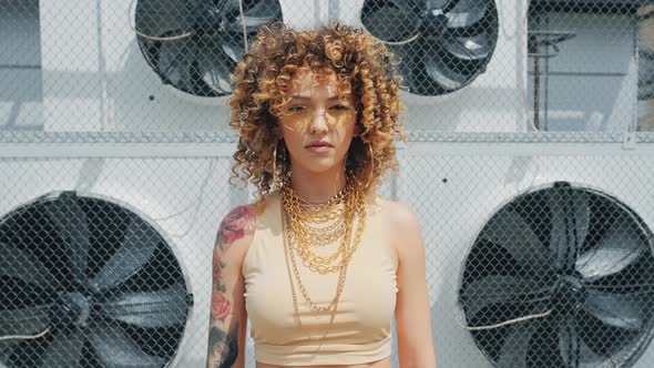 Vogue Style Portrait Beautiful Afro Curly Woman Is Looking To Camera Seriously alt