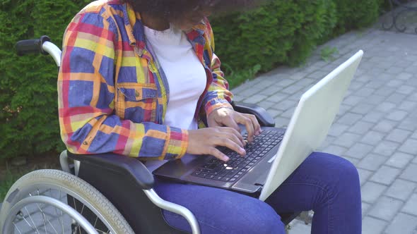 African American Woman with an Afro Hairstyle Disabled in a Wheelchair Uses a Laptop Sunflare alt