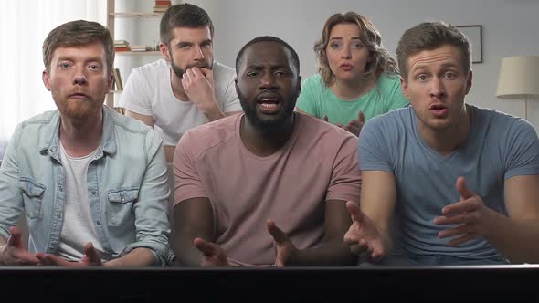 Sport Fans Watching Decisive Moment of Game, Commenting, Happy for Victory alt