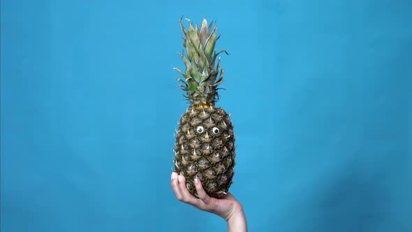 Pineapple with Eyes in a Woman Hand. Pineapple Jumps Into the Frame and Looks Around on a Blue alt