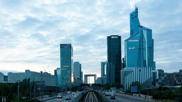 4K UHD day to night timelapse of La Defense business district in Paris France