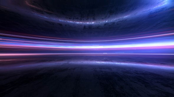 Light and stripes moving fast over dark background and are reflected in the road surface.