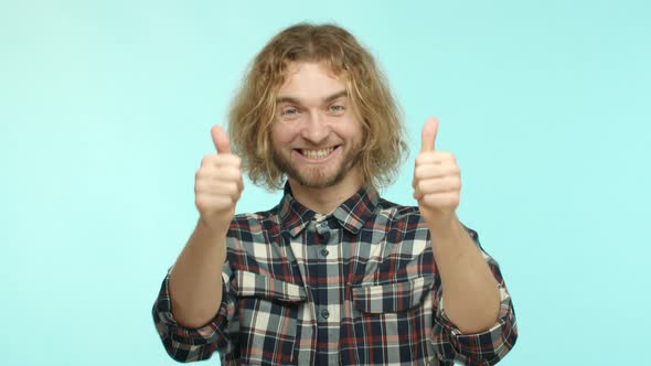 Slow Motion of Attractive Blond Bearded Man in Checked Shirt Clap Hands Applause you and Smiling