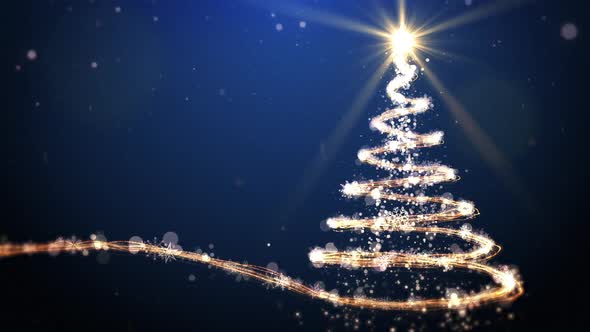 Christmas Tree Animation with Lights and Snowflakes on Blue