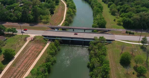 Aerial view of the buffalo Bayou in Houston,  Texas. alt