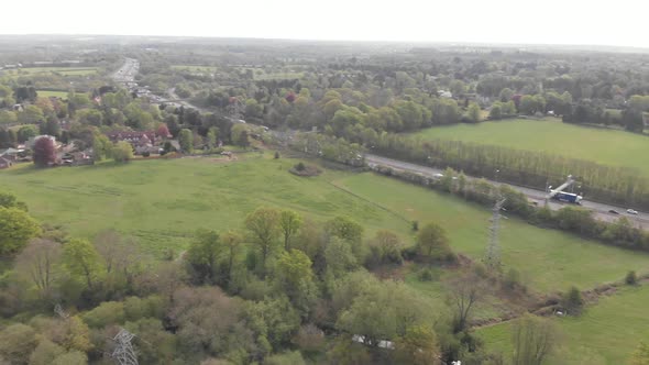 M42 Motorway Solihull Suburbs Electricity Pylons English Countryside Spring Aerial 4K D Log