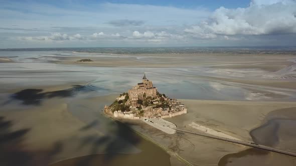 Aerial Drone View of Le Mont Saint Michel Iconic Island and Monastery at Suny Day Normandy France alt