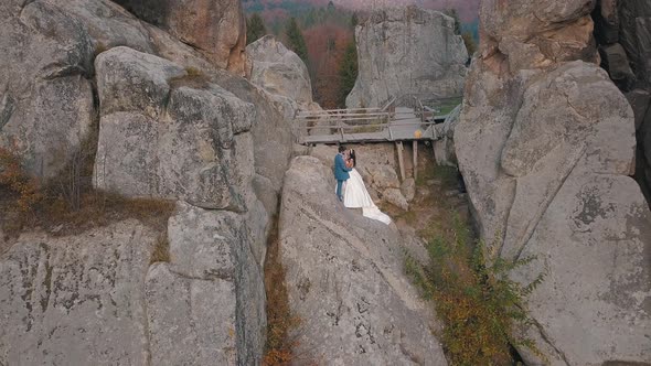 Newlyweds Stand on a High Slope of the Mountain alt