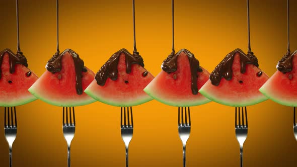 Liquid Chocolate Sauce Pouring Over Ripe Watermelon Triangular Slices on Dessert Fork. Fresh Sweet alt