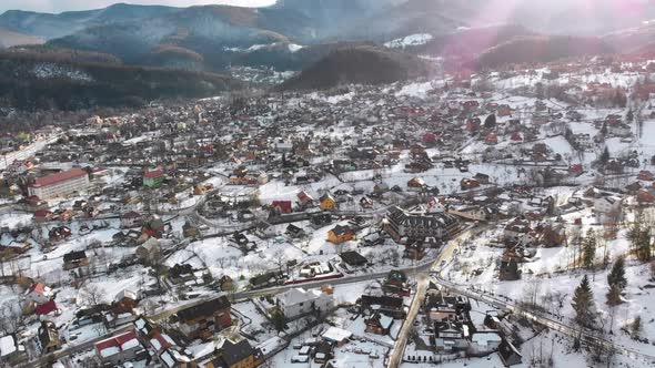 Aerial View of a Village in the Carpathian Mountains in Winter. Yaremche, Ukraine alt