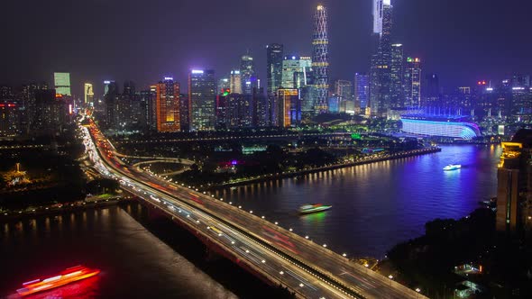 Guangzhou Night Business City Aerial Cityscape China Pearl River with Boats Traffic and Bridges