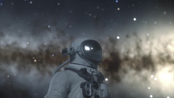 Astronaut Stands on the Surface of the Alien Planet Among Craters alt