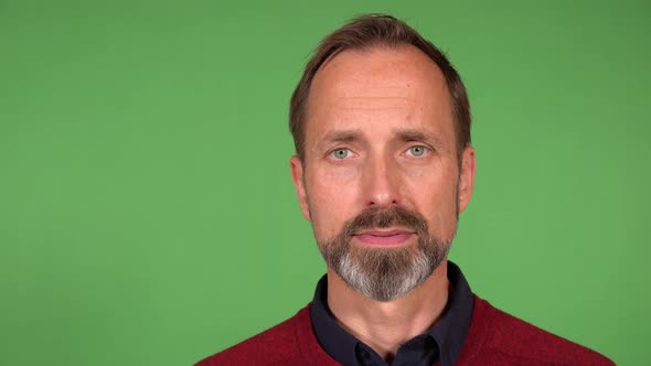 A Middleaged Handsome Caucasian Man Looks Seriously at the Camera  Closeup  Green Screen