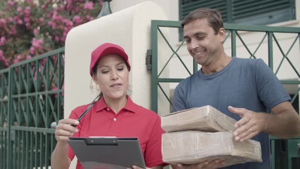 Cheerful Courier Girl in Red Cap Delivering Package alt