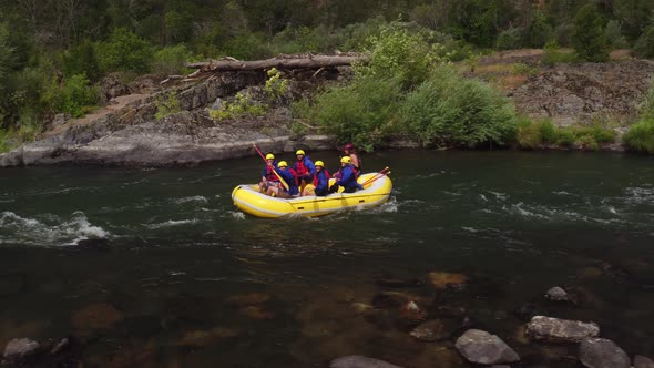 Aerial shot of people white water rafting on Rouge River, Oregon