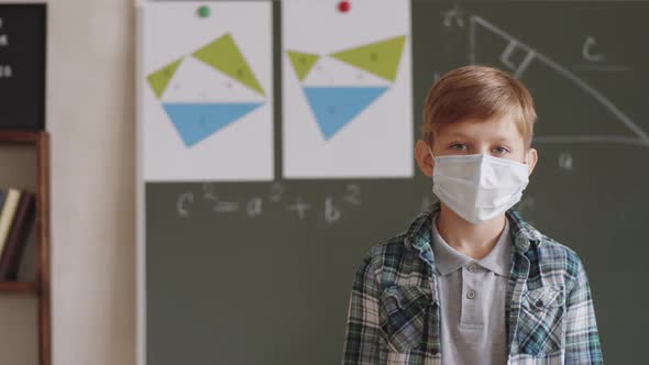 Portrait of Little Boy in Face Mask Posing in School Classroom alt