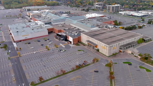 4K camera drone view of Fairview Shopping Mall in Pointe Claire, Montreal.