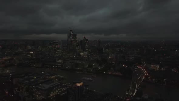 Aerial Drone View of London Financial District Skyscrapers Panorama Drone Flying Backwards Above alt