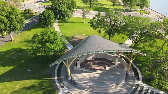 Aerial view of entertainment venue in park in Wisconsin on the Mississippi River.