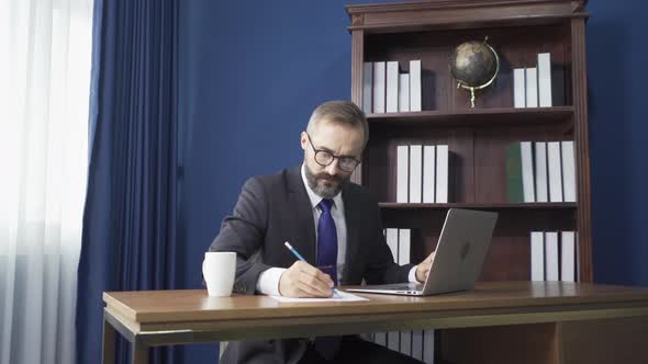 Smiling business vintage, white gentleman, Caucasian person working from home on table alt