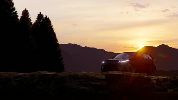 Black Luxury Off-Road Vehicle Standing in Mountainous Area at Sunset