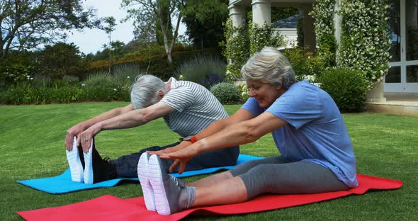 Senior couple performing stretching exercise on exercise mat alt