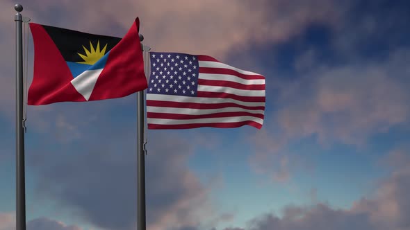 Antigua And Barbuda Flag Waving Along With The National Flag Of The USA - 4K alt