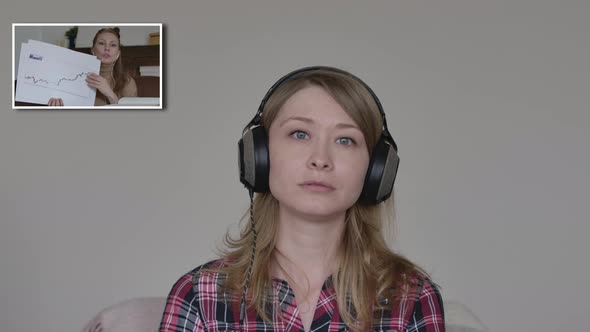 Young Caucasian Blond Woman with Grey Eyes Agree with Colleague in Online Chat. Portrait of alt