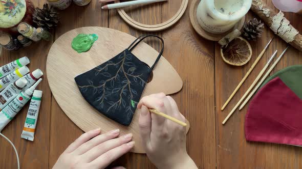 Woman Draw Branches and Leaves with Acrylic Paints on Fabric Medical Mask