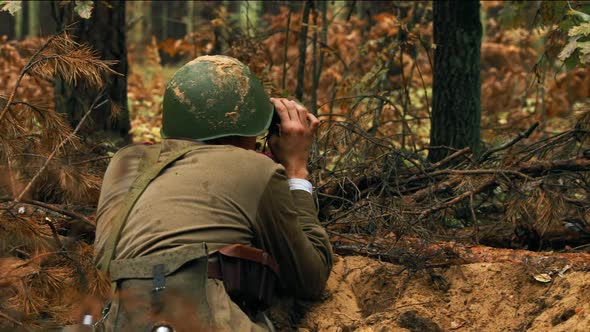 Hidden Reenactor Dressed Like Russian Soviet Infantry Red Army Soldier In World War II Sitting In alt