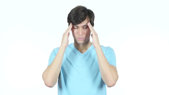 Frustrated, Upset Young Man with Headache, White Background alt