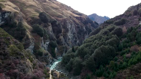 Aerial shot of Skippers canyon and Shotover River in Queenstown, Central Otago, New Zealand alt