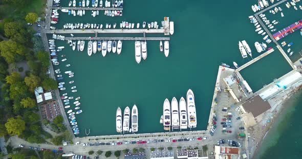 Aerial Top View of Yachts in Marina Parking Old Town, Budva, Montenegro