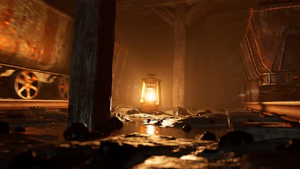 Old vintage lantern standing in a flooded mine near the mine cart rails. 4KHD alt