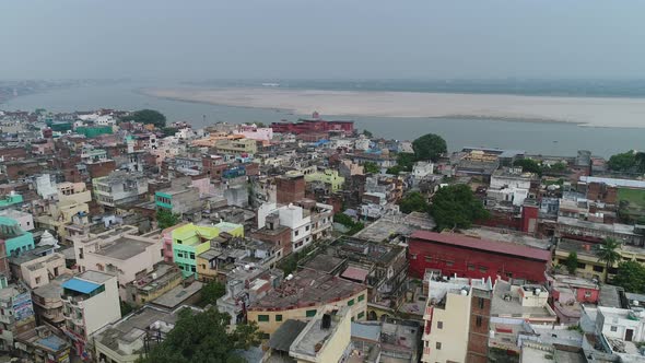 City of Varanasi (Benares) in Uttar Pradesh in India seen from the sky alt