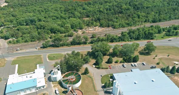 Panoramic Aerial View of Purification Tanks of Modern Wastewater Treatment Plant on Water Recycling alt