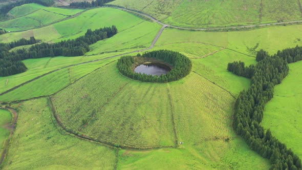 Aerial view of Lagoa Pau Pigue, Sao Miguel Island, Azores, Portugal. alt
