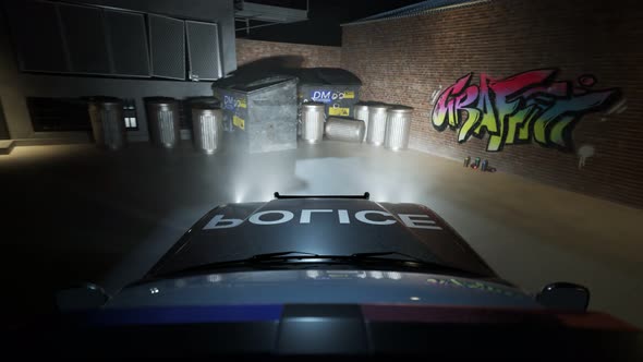 Police car arriving at the crime scene. Old brick wall with fresh graffiti on it alt