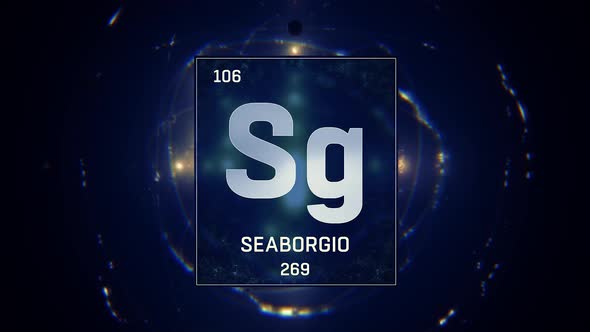 Seaborgium as Element 106 of the Periodic Table on Blue Background in Spanish Language
