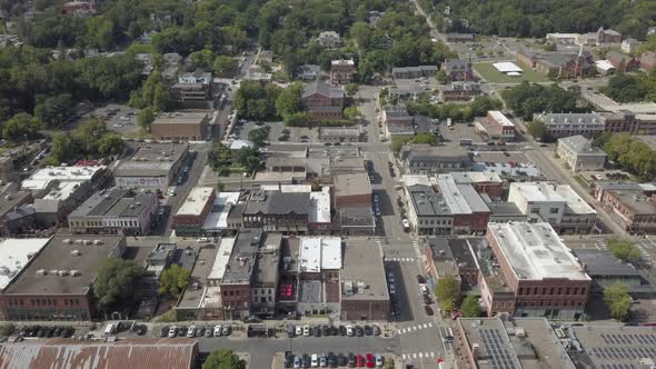 Aerial dolly right view over downtown Stillwater Minnesota in summer alt