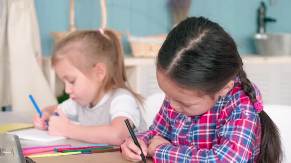 Asian and Caucasian Little Girls Looking at Laptop and Drawing