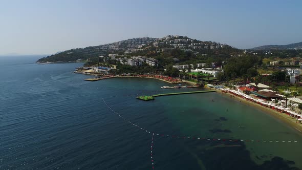 Fly over hotels in Bodrum, view from the Agaean Sea. Turkey