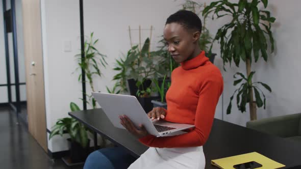 Portrait of african american woman smiling while using laptop at office alt