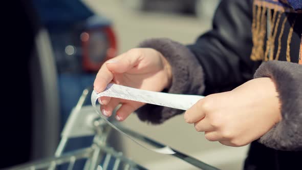 Looking Check From Supermarket.Checks Paper Receipt After Grocery Shopping At Supermarket. alt