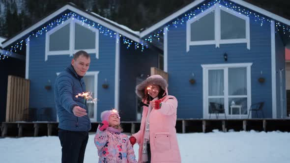 Young Family Hold Sparklers in Christmas Outdoors alt
