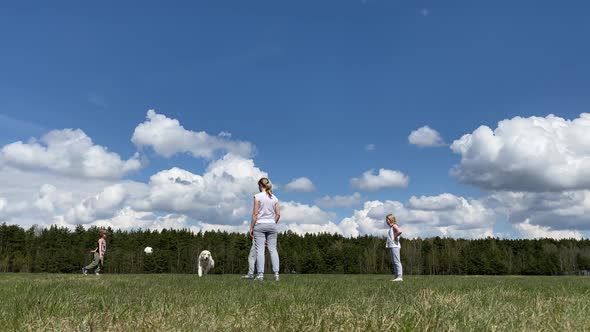 Healthy Lifestyle and Love for Pets. Family with a Big Dog Playing with a Ball on the Field