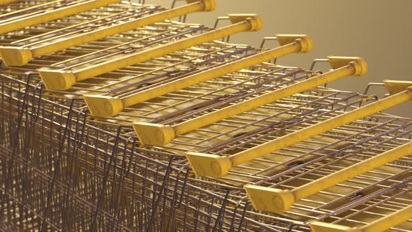 Old steel shopping carts stacked together in a long endless, looped row. 4K HD