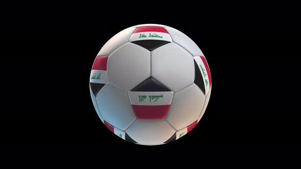 Soccer ball with flag Irak, on black background loop alpha