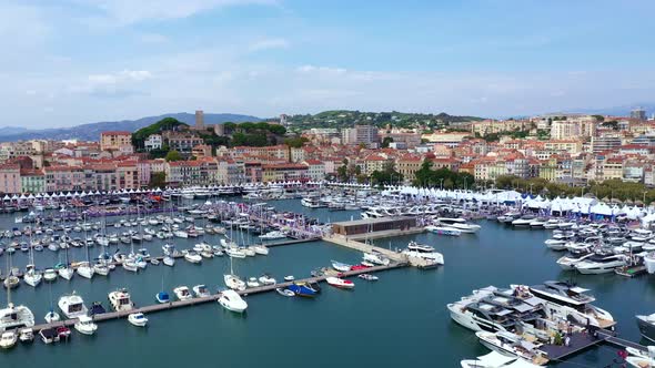 Cote d'Azur, France, Cannes. Aerial view of the beautiful port with yachts